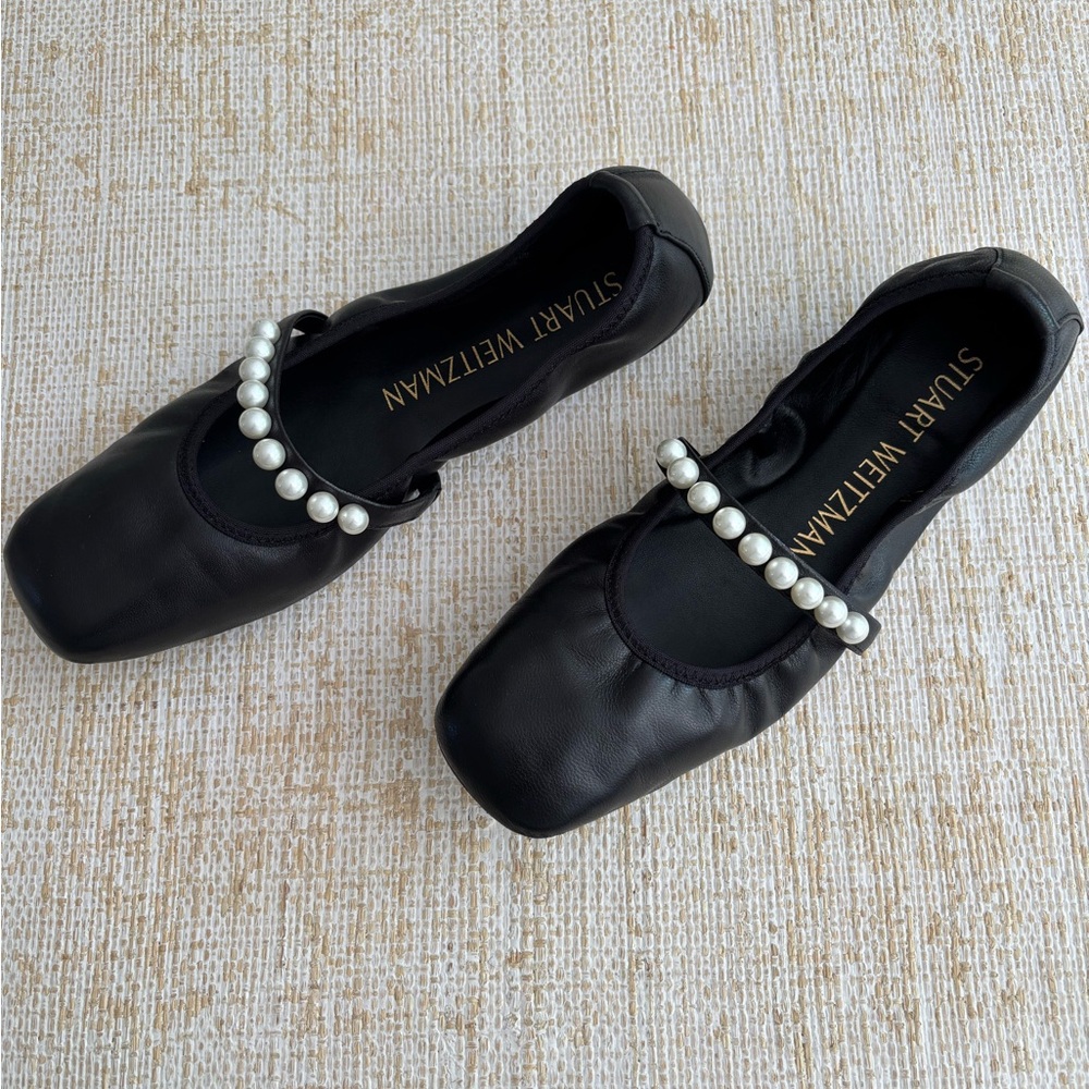 Stuart Weitzman Black Flats with Pearl Embellishment